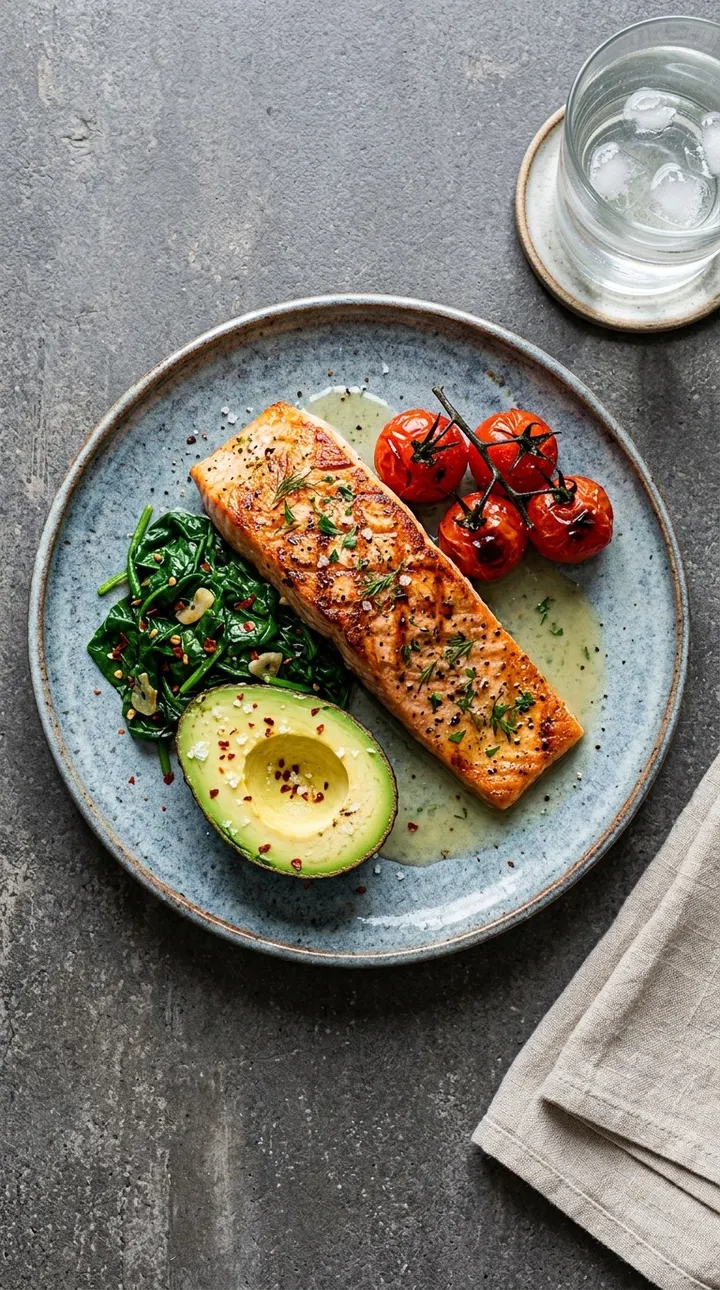 A plate of salmon with spinach, avocado and roasted tomatoes