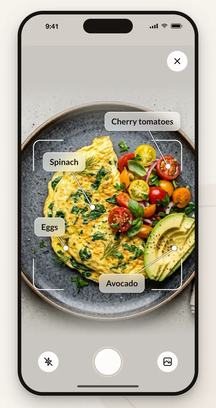 The camera on a spinach omelette with salad, with the foods it found labelled: spinach, eggs, cherry tomatoes and avocado