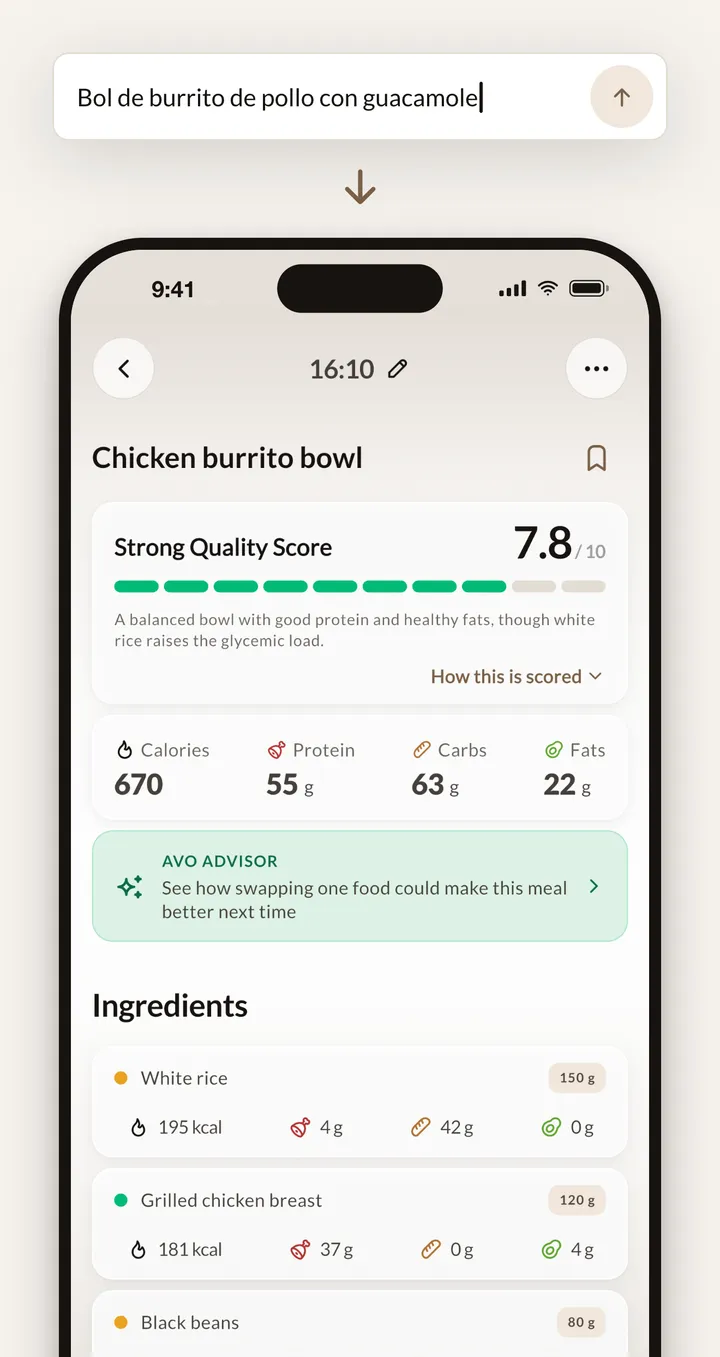 «Bol de burrito de pollo con guacamole» escrito en AVO, y la comida que sale: 7,8 sobre 10, con cada ingrediente y su cantidad